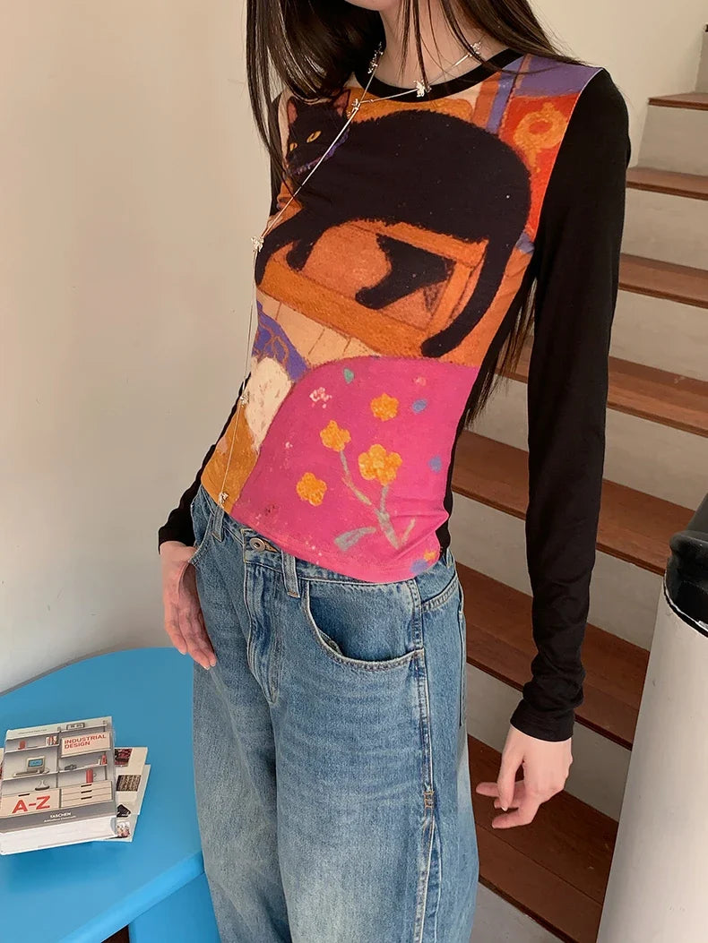 Y2K Cat Graphic Top
