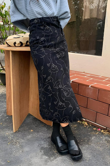 Y2K Faces Denim Midi Skirt