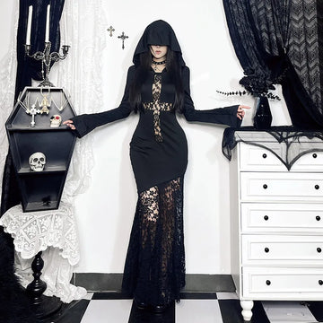 Y2K Goth Cross Hooded Maxi Dress