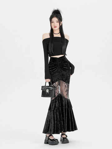 Y2K Goth Velvet Lace Maxi Skirt