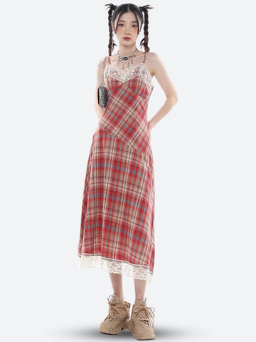 Y2K Plaid Lace Midi Dress