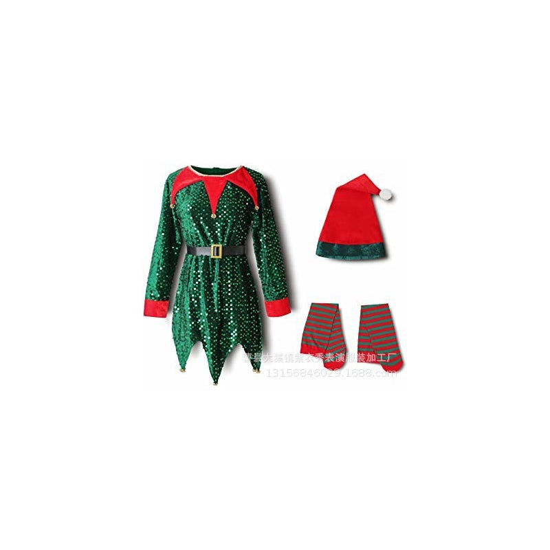 Christmas Children's Elf Costume Green Red Sequin Stage Performance Outfit