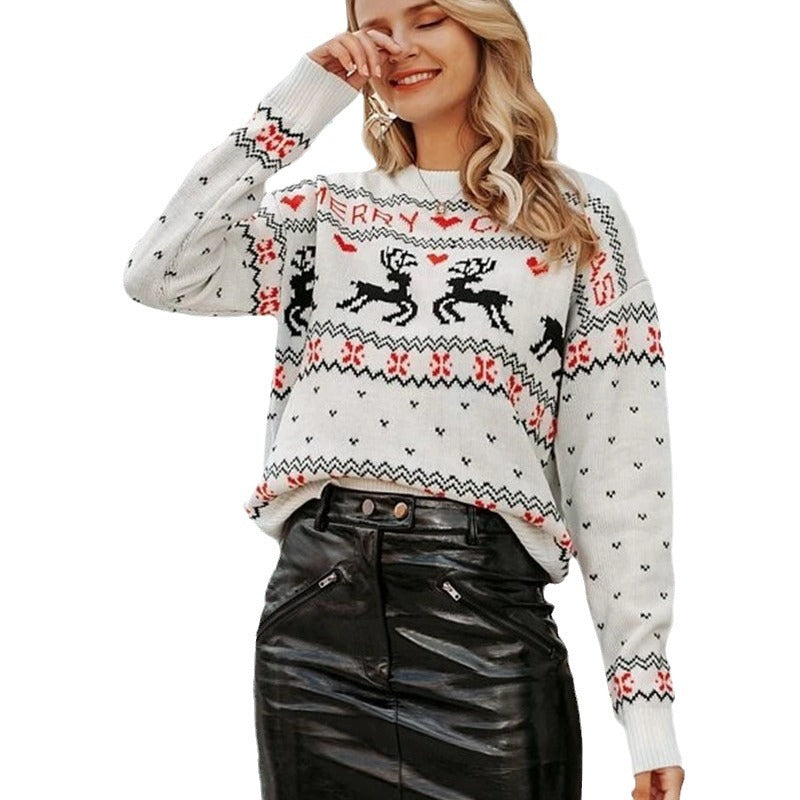 Christmas Deer Pattern Knitted Sweater, Autumn New Loose Round Neck