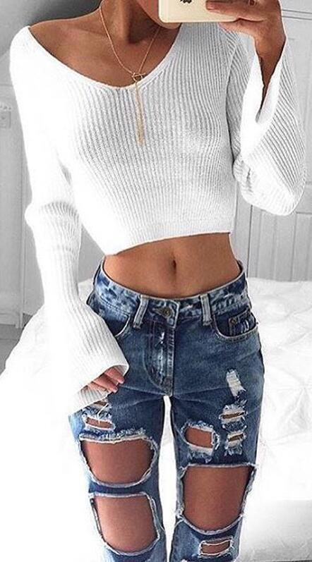 FASHION WHITE LONG SLEEVE CROP TOP SWEATER