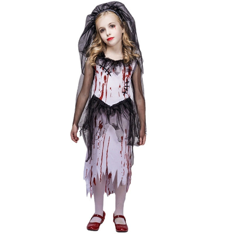 Girls Halloween Party Cosplay Ghost Bride Dress And Veil Two Pieces Suits