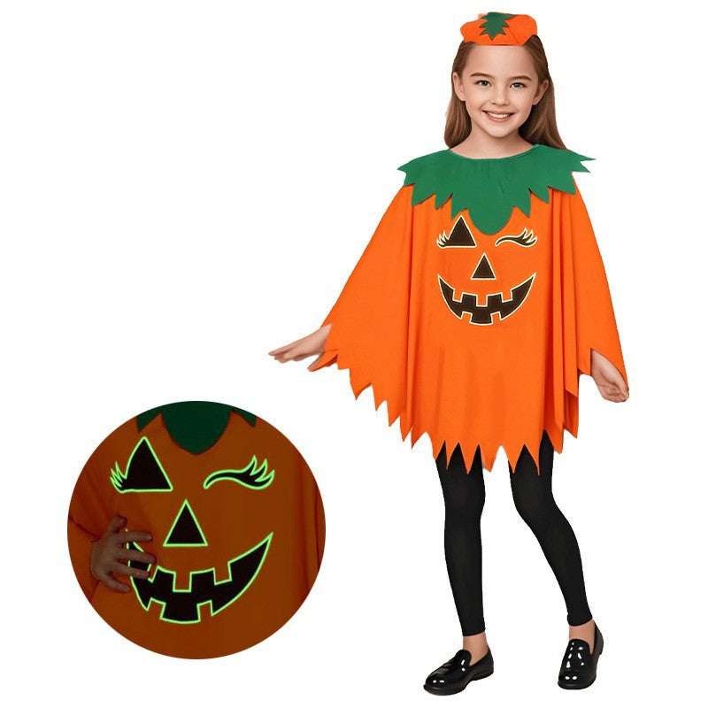 Halloween Glow-In-The-Dark Pumpkin Cape Cloak Hat Headband Set