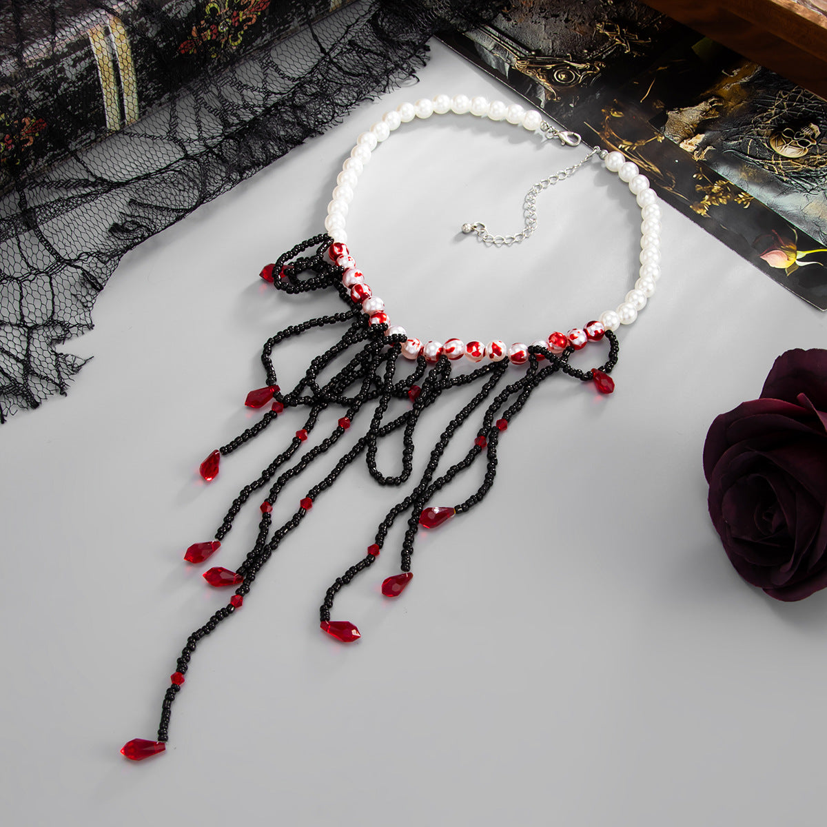 Sweet Gothic Dripping Crystal Fringe Necklace Halloween Bead