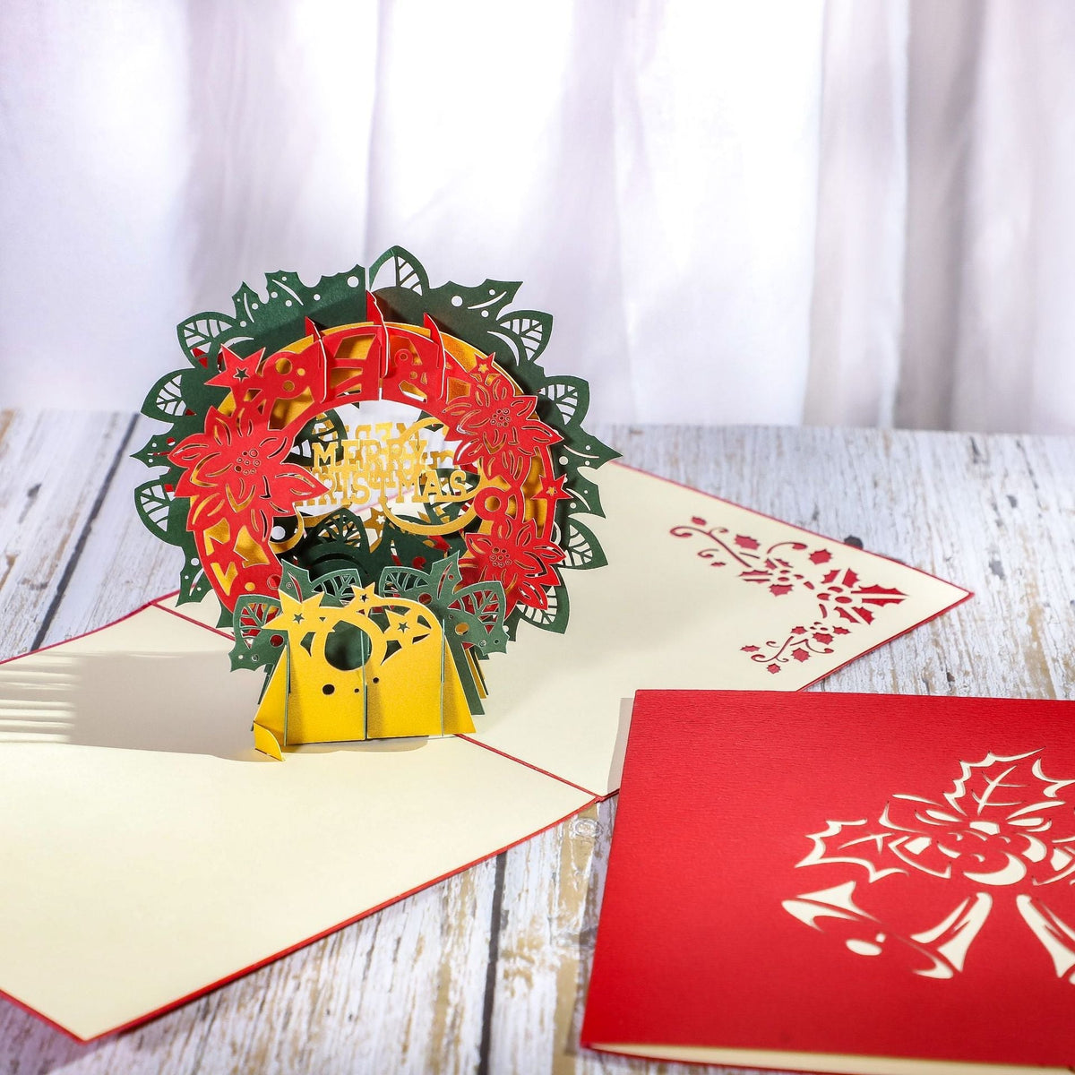 3D Pop Up Greeting Card, Handmade Paper Carved Christmas Wreath, Custom Logo, Christmas Gift
