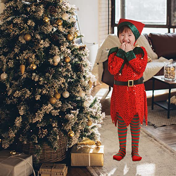 Christmas Children's Elf Costume Green Red Sequin Stage Performance Outfit
