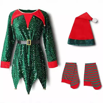 Christmas Children's Elf Costume Green Red Sequin Stage Performance Outfit