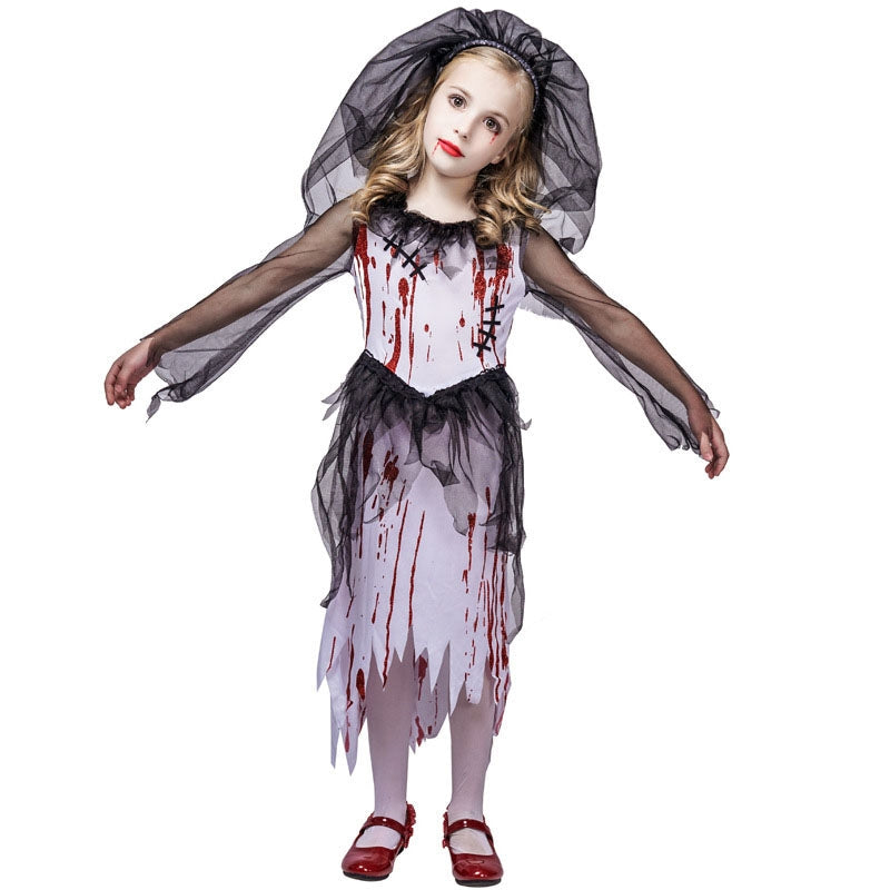 Girls Halloween Party Cosplay Ghost Bride Dress And Veil Two Pieces Suits