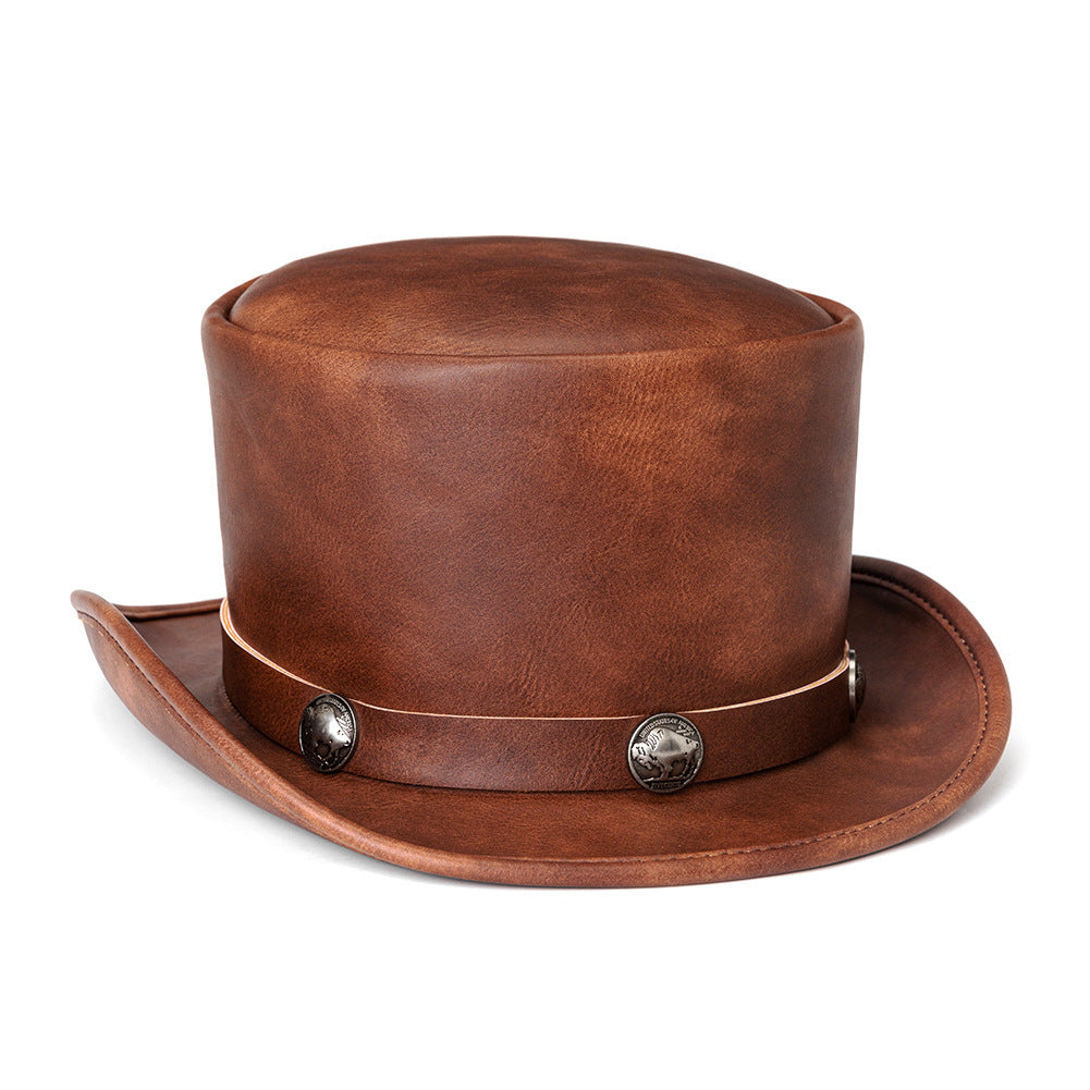 Vintage Punk PU Leather Round Top Hat Halloween Costume