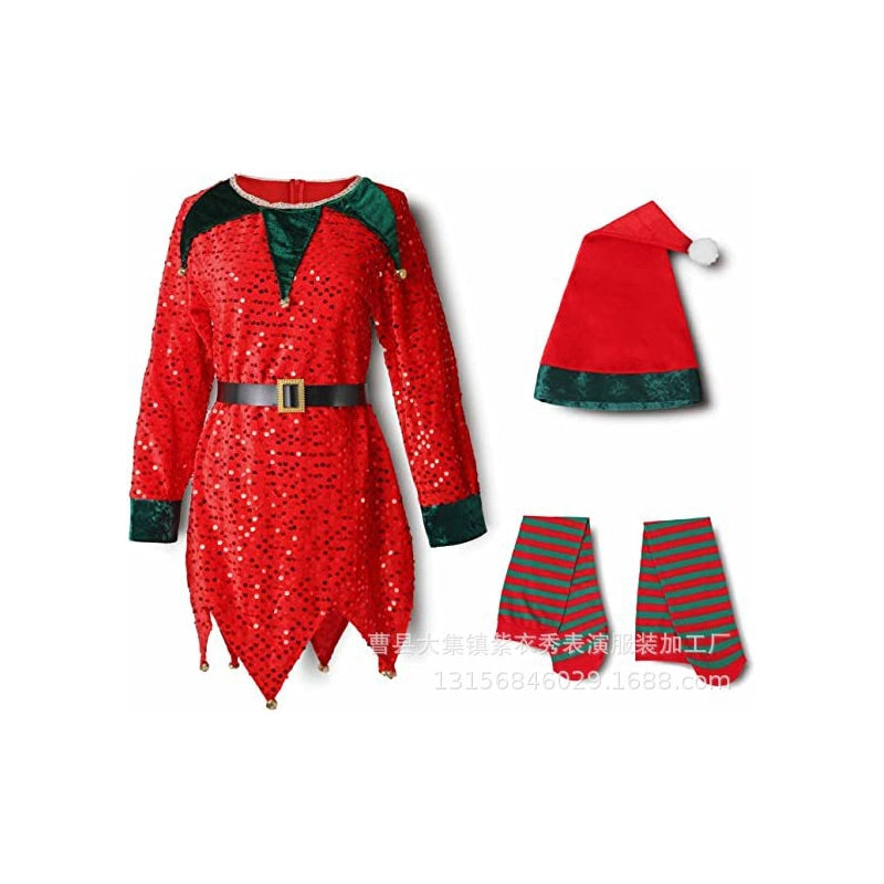 Christmas Children's Elf Costume Green Red Sequin Stage Performance Outfit