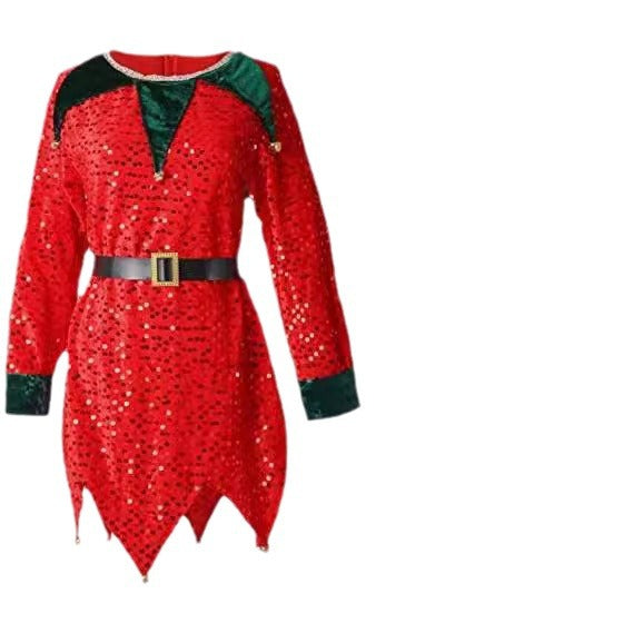 Christmas Children's Elf Costume Green Red Sequin Stage Performance Outfit