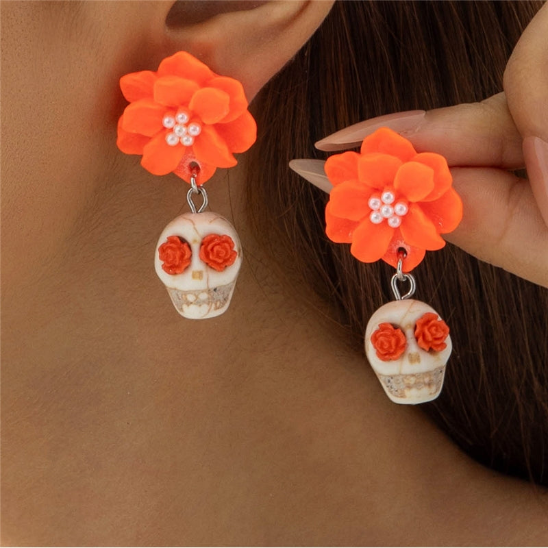 Halloween Dark Skull Camellia Earrings Punk Pearl Flower Dangle