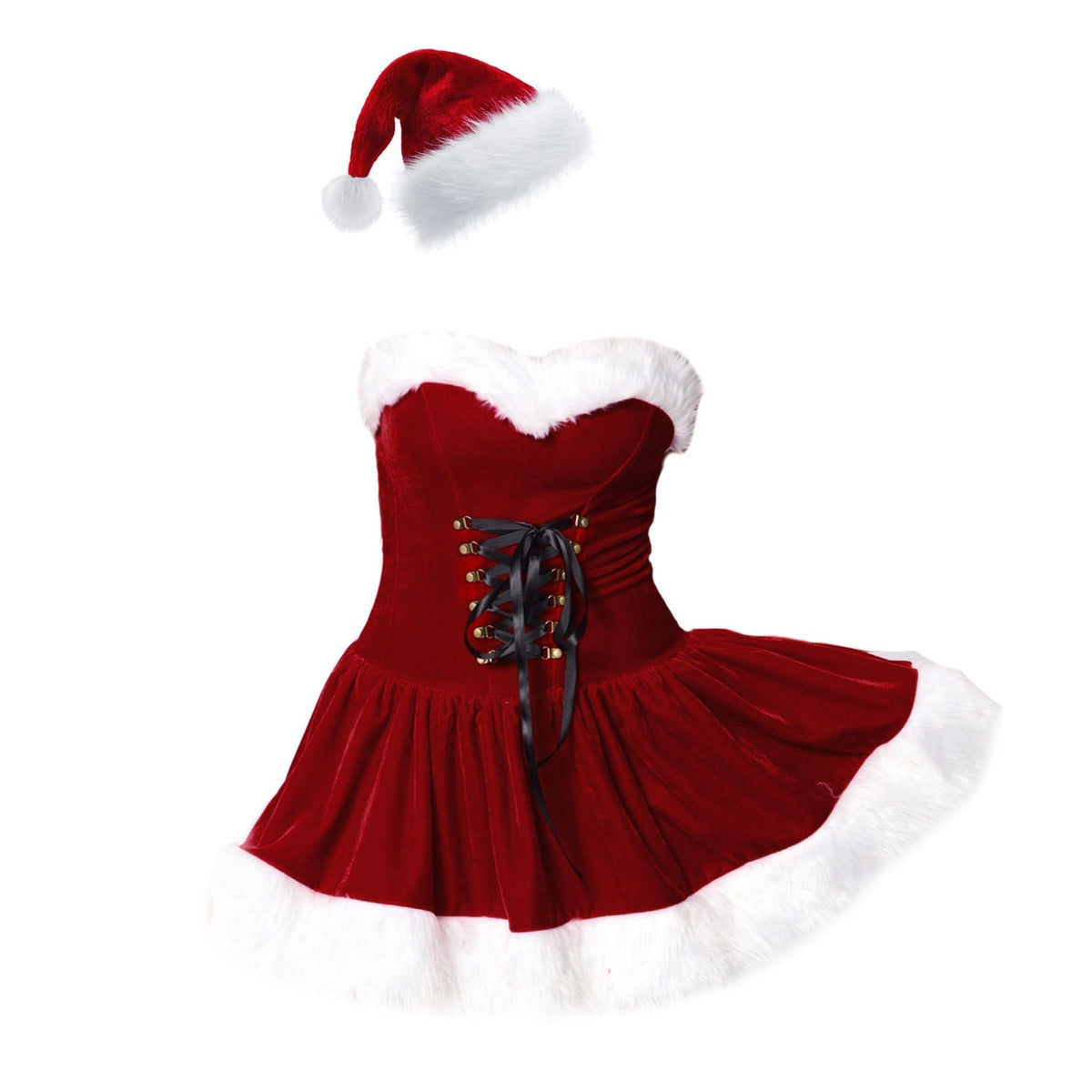 Red Fluffy Christmas Sexy Dress With Cowboy Hat Santa Costume