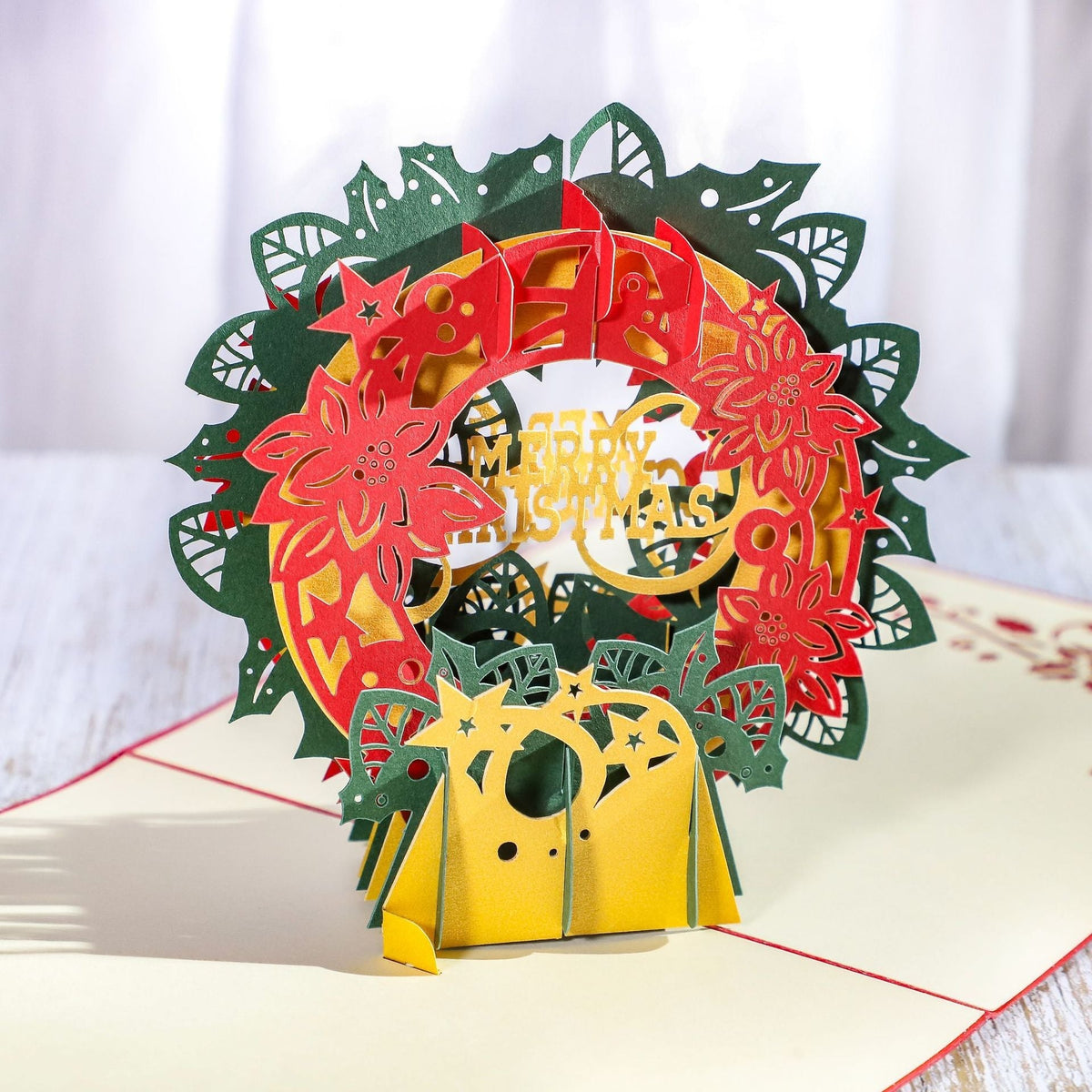 3D Pop Up Greeting Card, Handmade Paper Carved Christmas Wreath, Custom Logo, Christmas Gift