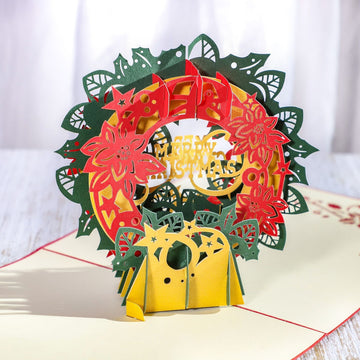 3D Pop Up Greeting Card, Handmade Paper Carved Christmas Wreath, Custom Logo, Christmas Gift