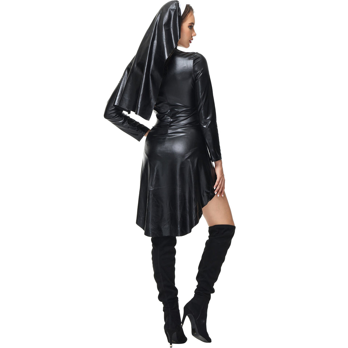S-XXL Halloween Nun Costume PU Leather Punk Cosplay Uniform