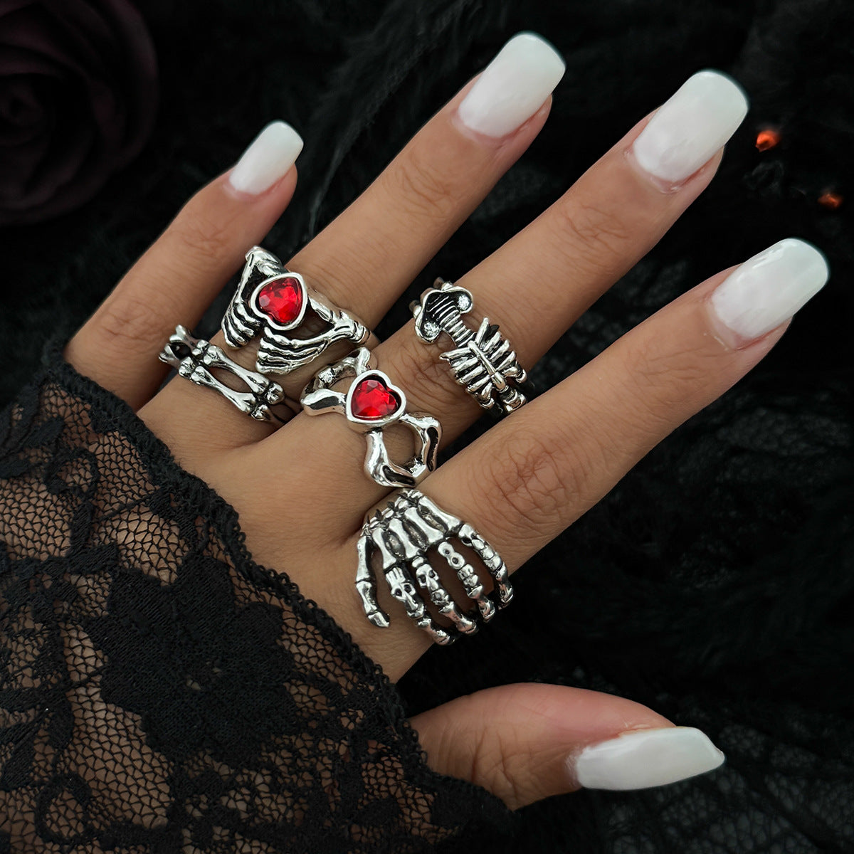 Dark Skull Heart Open Ring Halloween Star Sword Hand Jewelry
