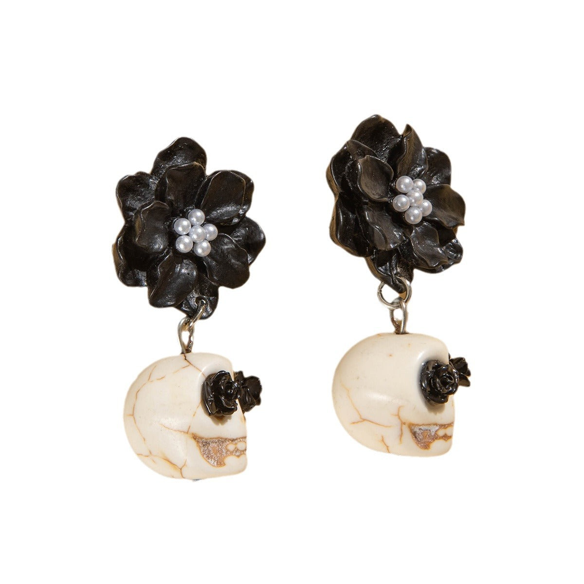 Halloween Dark Skull Camellia Earrings Punk Pearl Flower Dangle