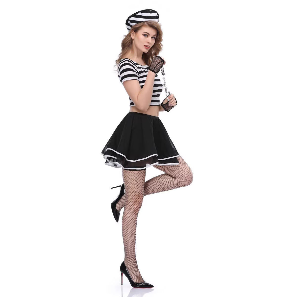 Sexy Prisoner Costume Halloween Cosplay Black White Stripe