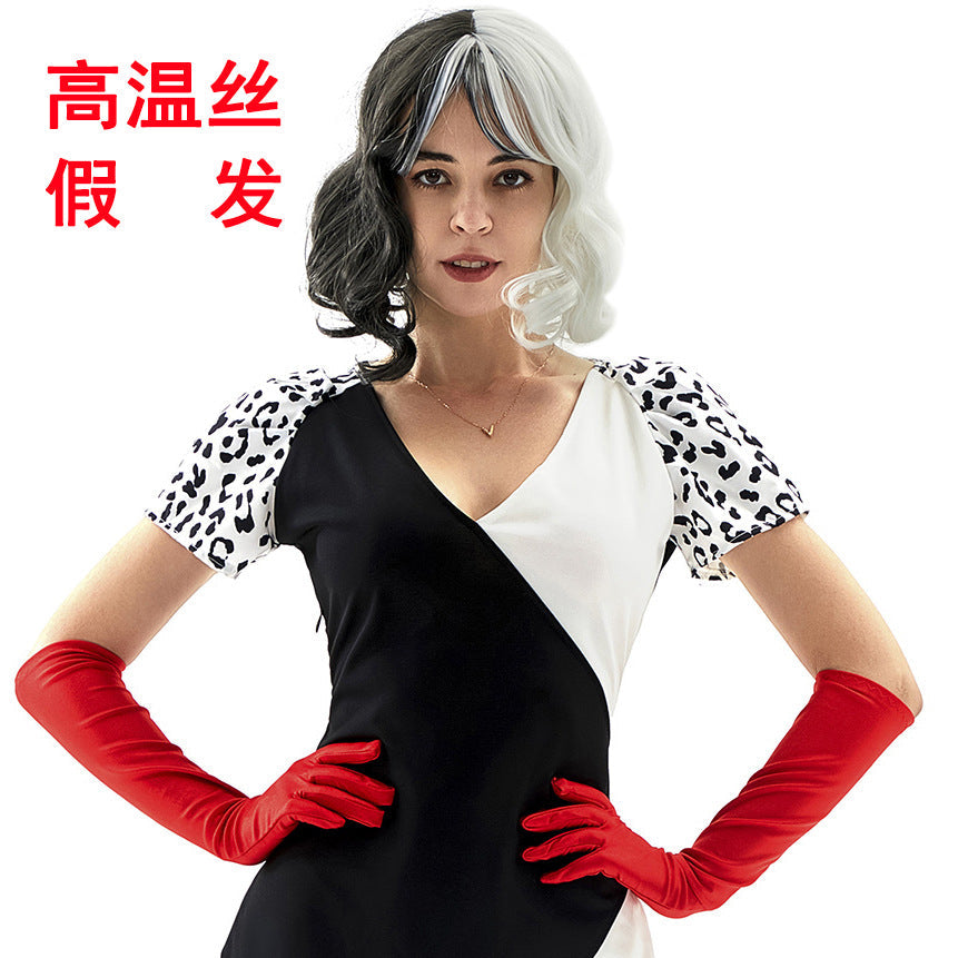 Cruella De Vil Cosplay Costume Black White Spots Halloween Party
