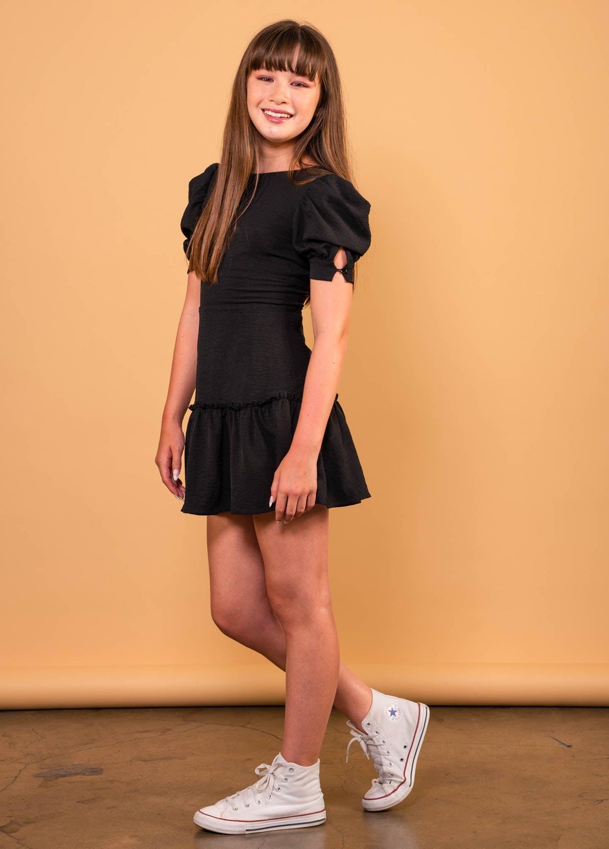 Puff Sleeves Tie Back Ruffle Dress