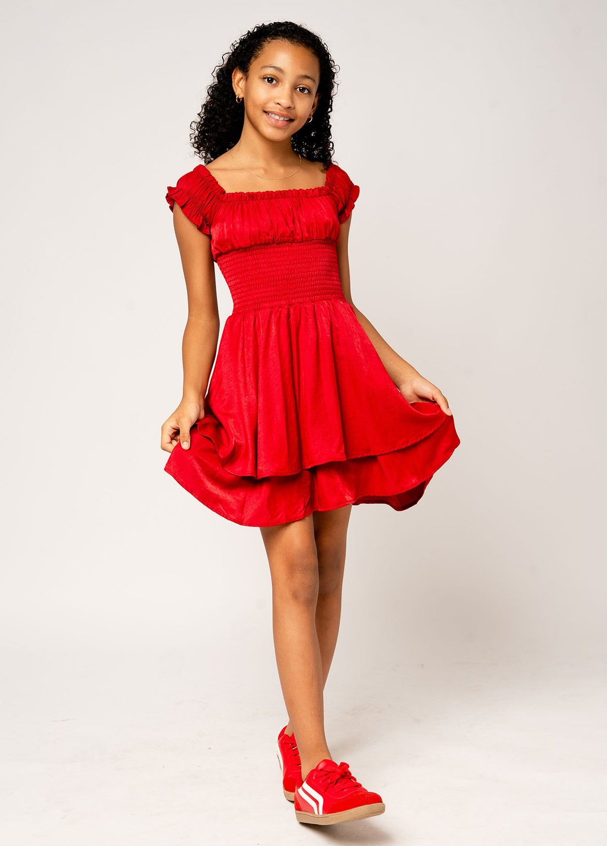 SAGE On/Off Shoulders Smocked Waist Tiered Ruffle Dress