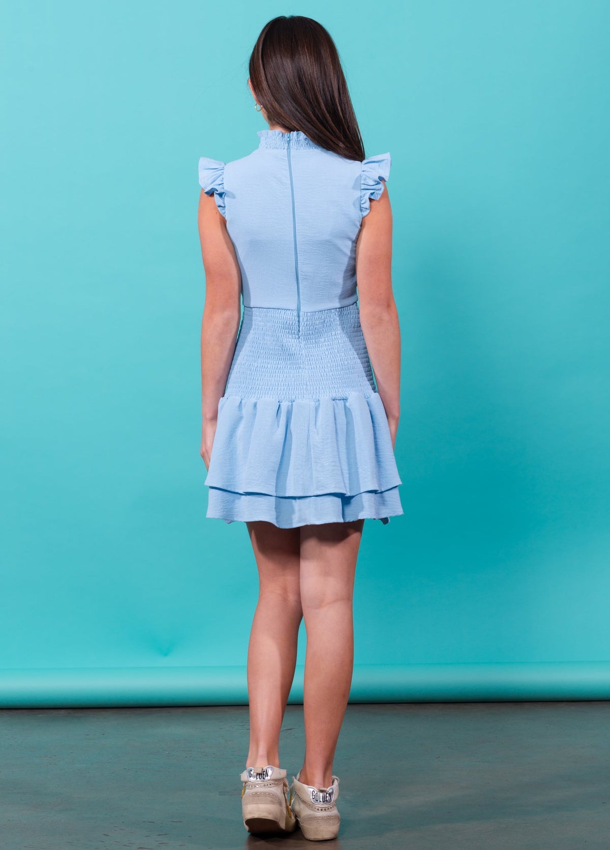 High Neck Smock Ruffle Dress